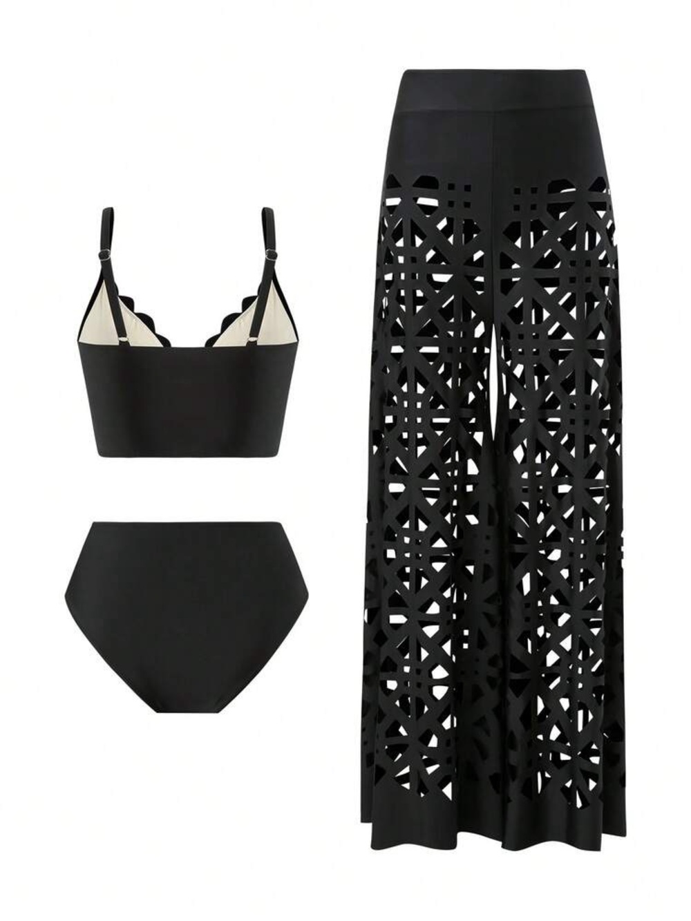Women's Black Laser-Cut Wide Leg Pants - Chic Beach Cover-Up / swimsuit 3 pc - Picture 6 of 6